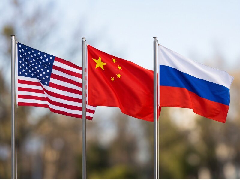 Banderas de Estados Unidos, China y Rusia