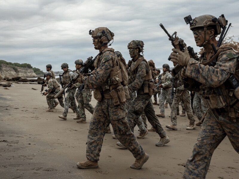 Infantes de Marina de los Estados Unidos pertenecientes a la Compañía de Reconocimiento Blindado Ligero, el Equipo de Desembarco del Batallón y la 22.ª Unidad Expedicionaria de Marines, junto con Infantes de Marina ecuatorianos, llevan a cabo una incursió